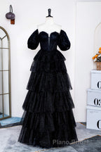 Saprkly Black Off-Shoulder Puff Sleeves Layers Long Formal Prom Dresses
