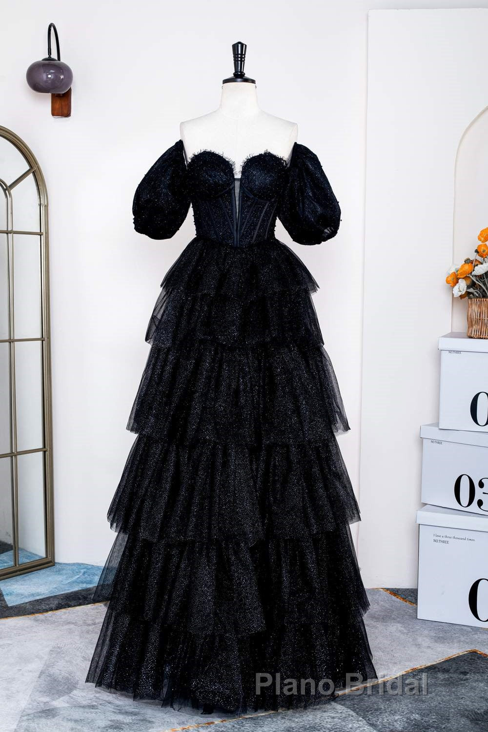 Saprkly Black Off-Shoulder Puff Sleeves Layers Long Formal Prom Dresses