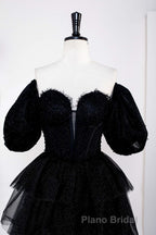 Saprkly Black Off-Shoulder Puff Sleeves Layers Long Formal Prom Dresses