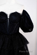 Saprkly Black Off-Shoulder Puff Sleeves Layers Long Formal Prom Dresses