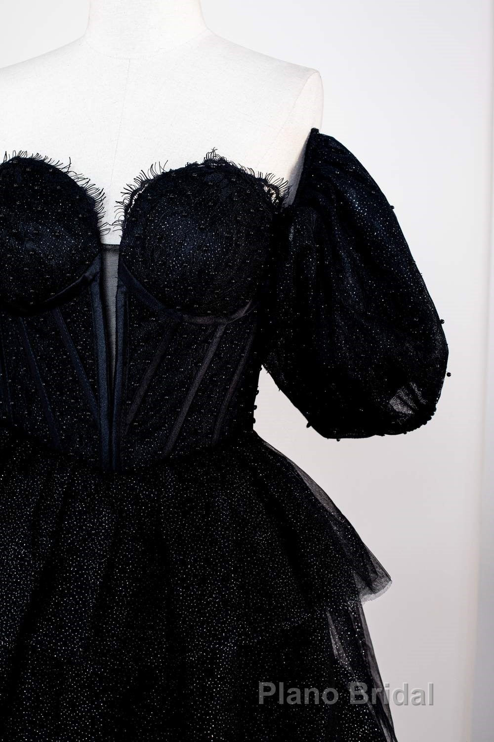 Saprkly Black Off-Shoulder Puff Sleeves Layers Long Formal Prom Dresses
