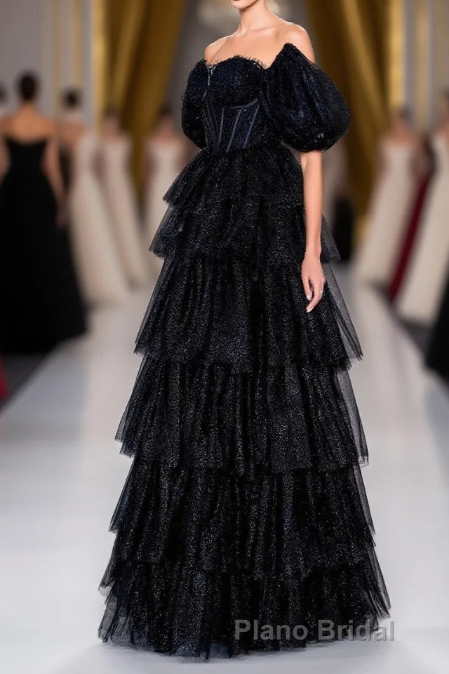 Saprkly Black Off-Shoulder Puff Sleeves Layers Long Formal Prom Dresses