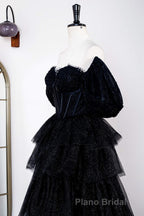 Saprkly Black Off-Shoulder Puff Sleeves Layers Long Formal Prom Dresses