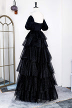 Saprkly Black Off-Shoulder Puff Sleeves Layers Long Formal Prom Dresses