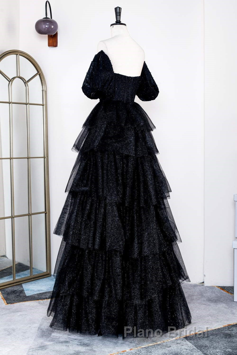 Saprkly Black Off-Shoulder Puff Sleeves Layers Long Formal Prom Dresses Secondary image
