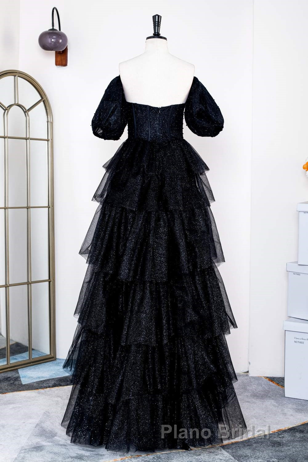 Saprkly Black Off-Shoulder Puff Sleeves Layers Long Formal Prom Dresses