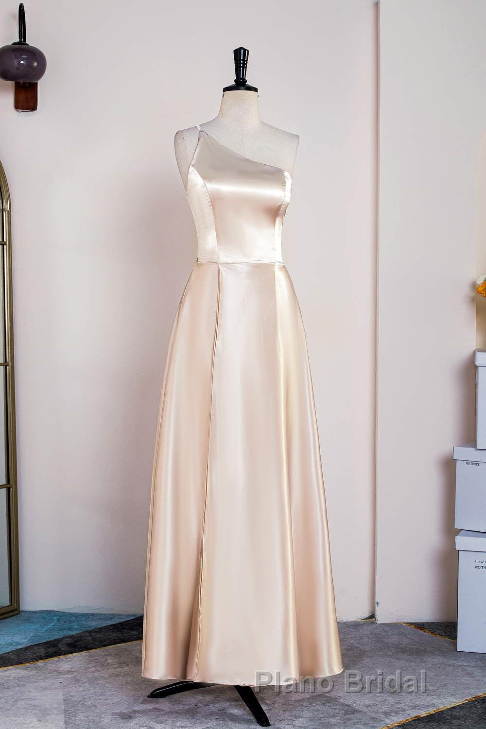 Champagne One Shoulder A-line Satin Tea Length Bridesmaid Dresses