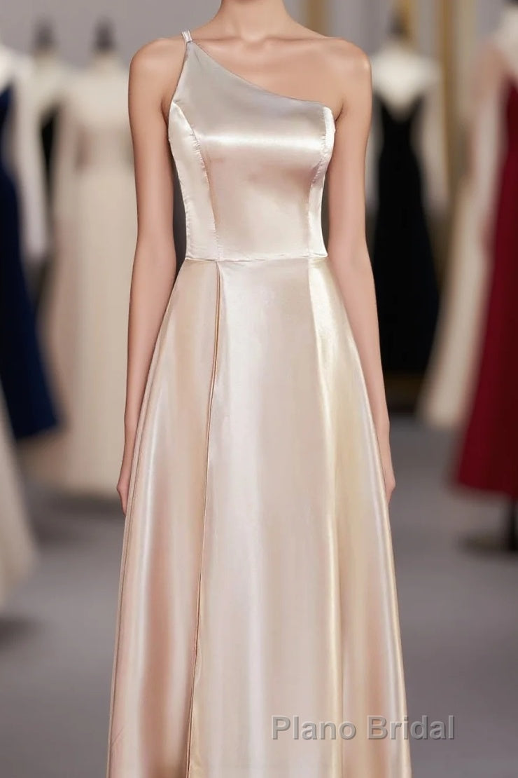 Champagne One Shoulder A-line Satin Tea Length Bridesmaid Dresses Main image