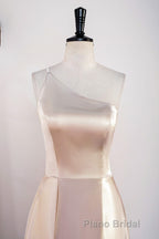Champagne One Shoulder A-line Satin Tea Length Bridesmaid Dresses