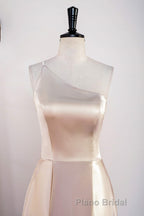 Champagne One Shoulder A-line Satin Tea Length Bridesmaid Dresses