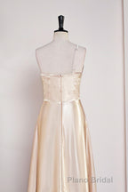Champagne One Shoulder A-line Satin Tea Length Bridesmaid Dresses
