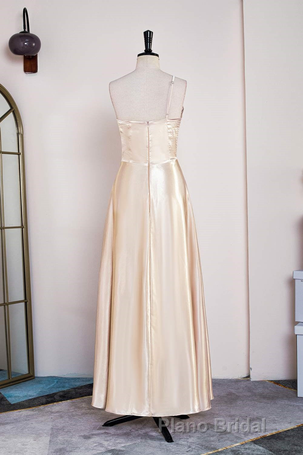 Champagne One Shoulder A-line Satin Tea Length Bridesmaid Dresses