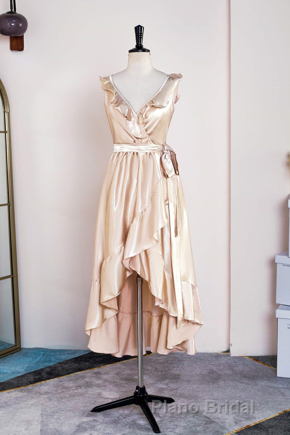 Champagne Ruffled Faux-Wrapped A-line Hi-Low Bridesmaid Dresses with Sash