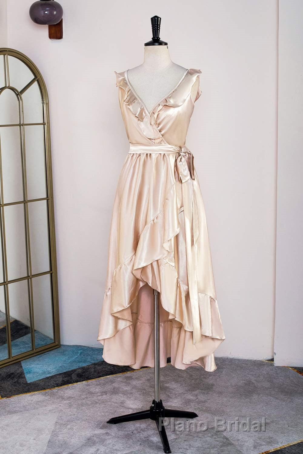 Champagne Ruffled Faux-Wrapped A-line Hi-Low Bridesmaid Dresses with Sash Secondary image