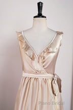 Champagne Ruffled Faux-Wrapped A-line Hi-Low Bridesmaid Dresses with Sash