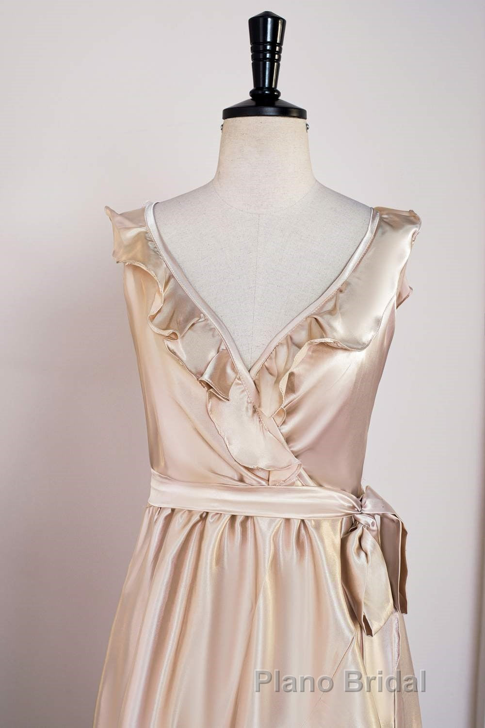 Champagne Ruffled Faux-Wrapped A-line Hi-Low Bridesmaid Dresses with Sash