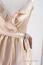 Champagne Ruffled Faux-Wrapped A-line Hi-Low Bridesmaid Dresses with Sash