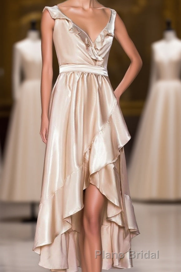 Champagne Ruffled Faux-Wrapped A-line Hi-Low Bridesmaid Dresses with Sash
