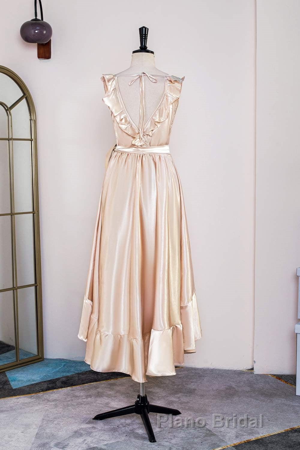 Champagne Ruffled Faux-Wrapped A-line Hi-Low Bridesmaid Dresses with Sash