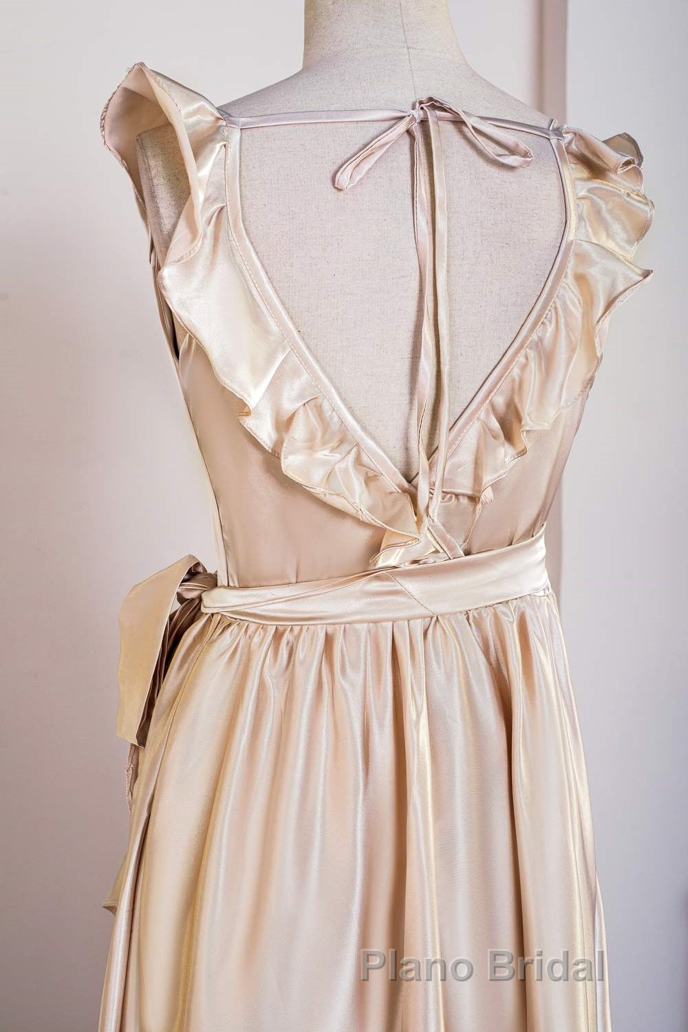 Champagne Ruffled Faux-Wrapped A-line Hi-Low Bridesmaid Dresses with Sash
