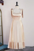 Champagne Bow Tie Straps A-line Satin Tea-Length Bridesmaid Dresses