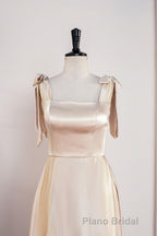 Champagne Bow Tie Straps A-line Satin Tea-Length Bridesmaid Dresses