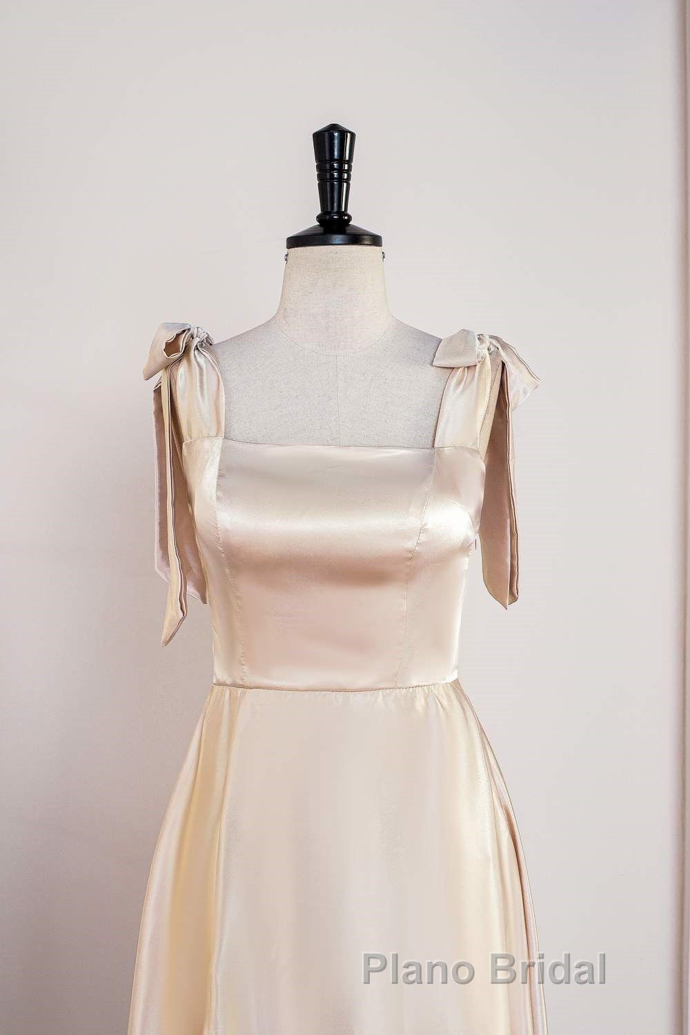 Champagne Bow Tie Straps A-line Satin Tea-Length Bridesmaid Dresses