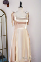 Champagne Bow Tie Straps A-line Satin Tea-Length Bridesmaid Dresses