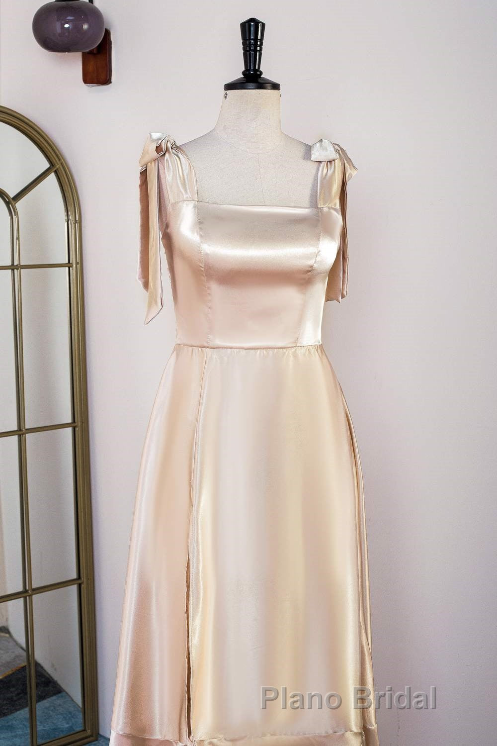 Champagne Bow Tie Straps A-line Satin Tea-Length Bridesmaid Dresses