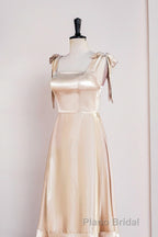 Champagne Bow Tie Straps A-line Satin Tea-Length Bridesmaid Dresses