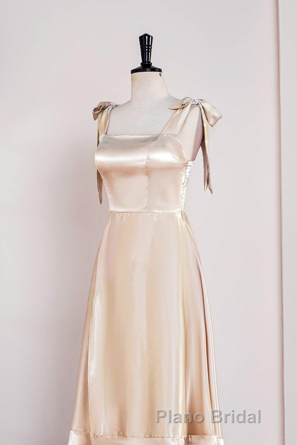 Champagne Bow Tie Straps A-line Satin Tea-Length Bridesmaid Dresses