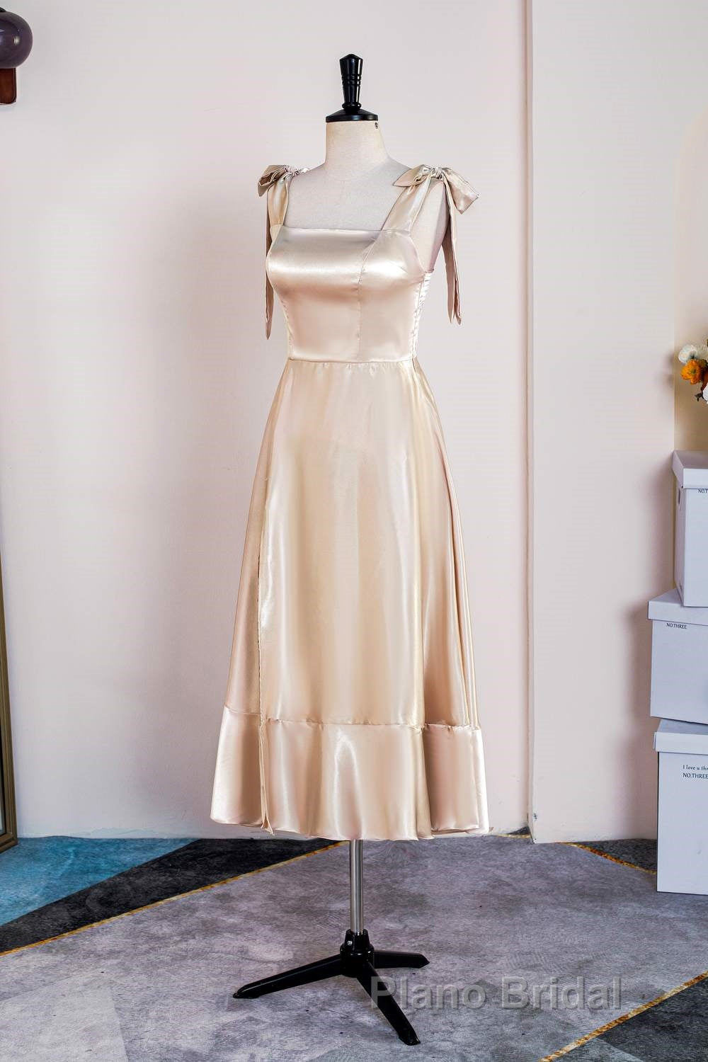 Champagne Bow Tie Straps A-line Satin Tea-Length Bridesmaid Dresses Secondary image