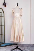 Champagne Bow Tie Straps A-line Satin Tea-Length Bridesmaid Dresses