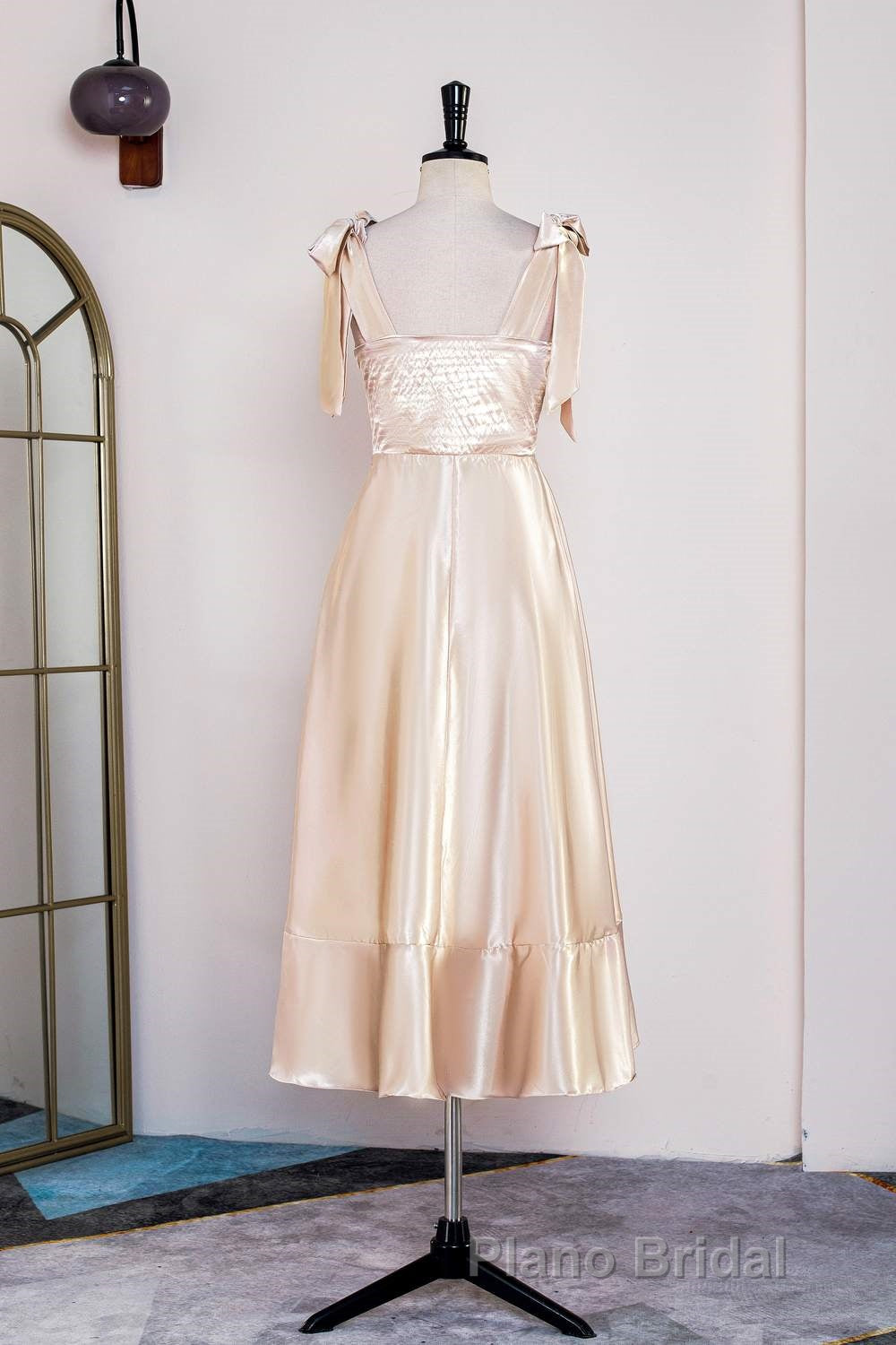 Champagne Bow Tie Straps A-line Satin Tea-Length Bridesmaid Dresses