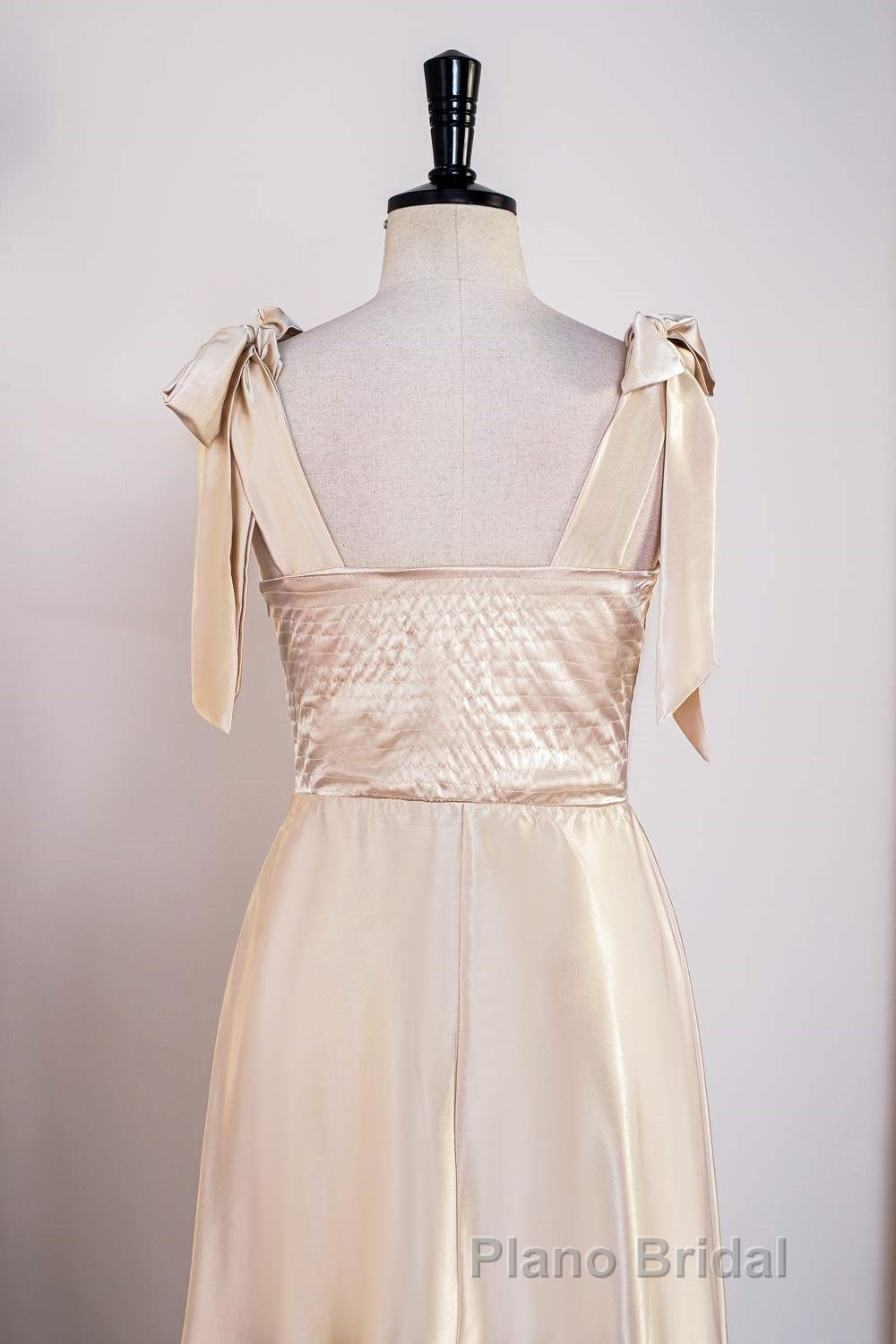 Champagne Bow Tie Straps A-line Satin Tea-Length Bridesmaid Dresses