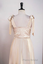 Champagne Bow Tie Straps A-line Satin Tea-Length Bridesmaid Dresses