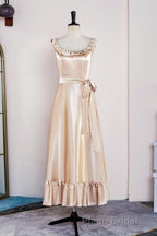Champagne Sleeveless Ruffled A-line Tea-Length Bridesmaid Dresses with Sash
