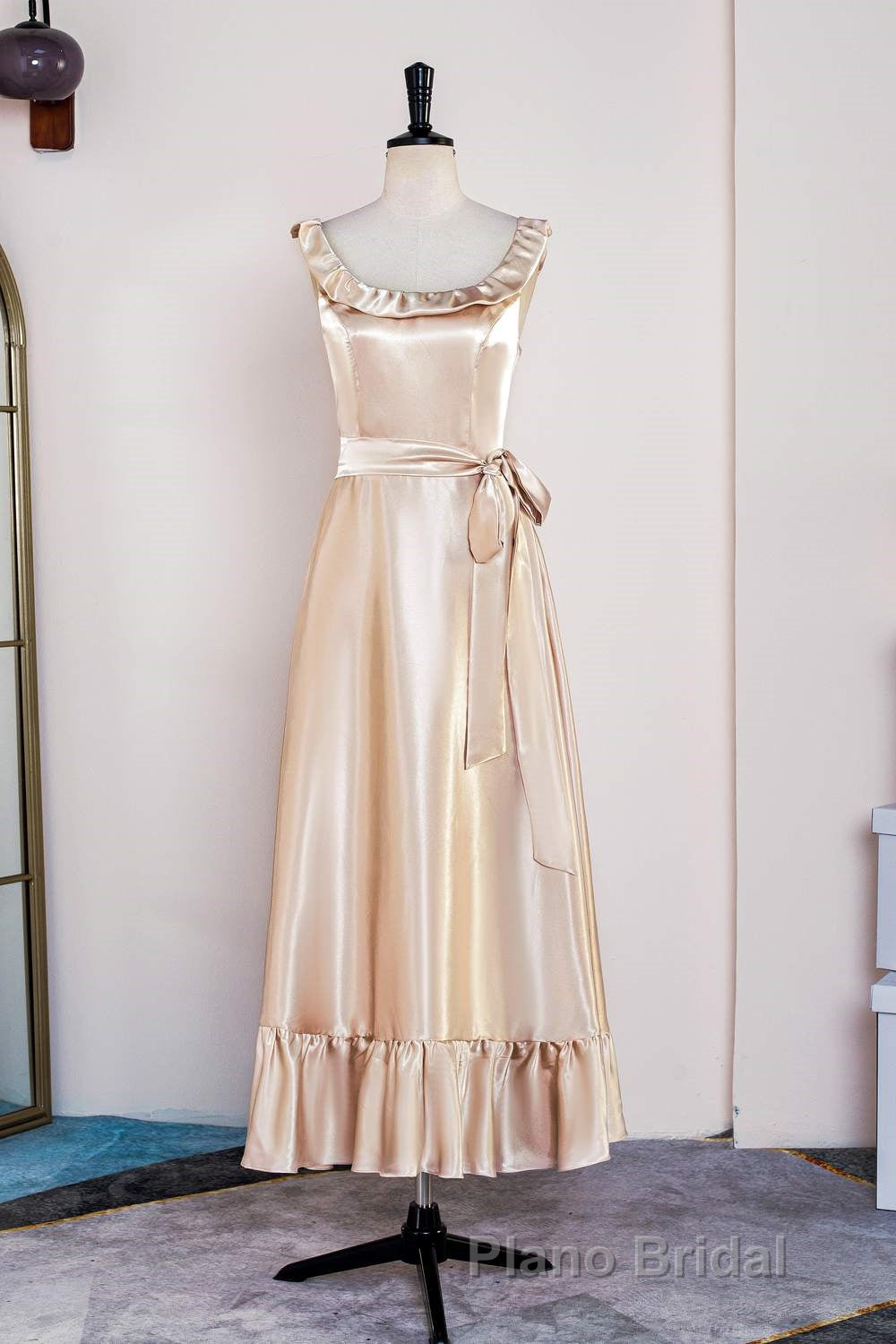Champagne Sleeveless Ruffled A-line Tea-Length Bridesmaid Dresses with Sash