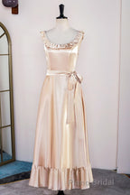 Champagne Sleeveless Ruffled A-line Tea-Length Bridesmaid Dresses with Sash