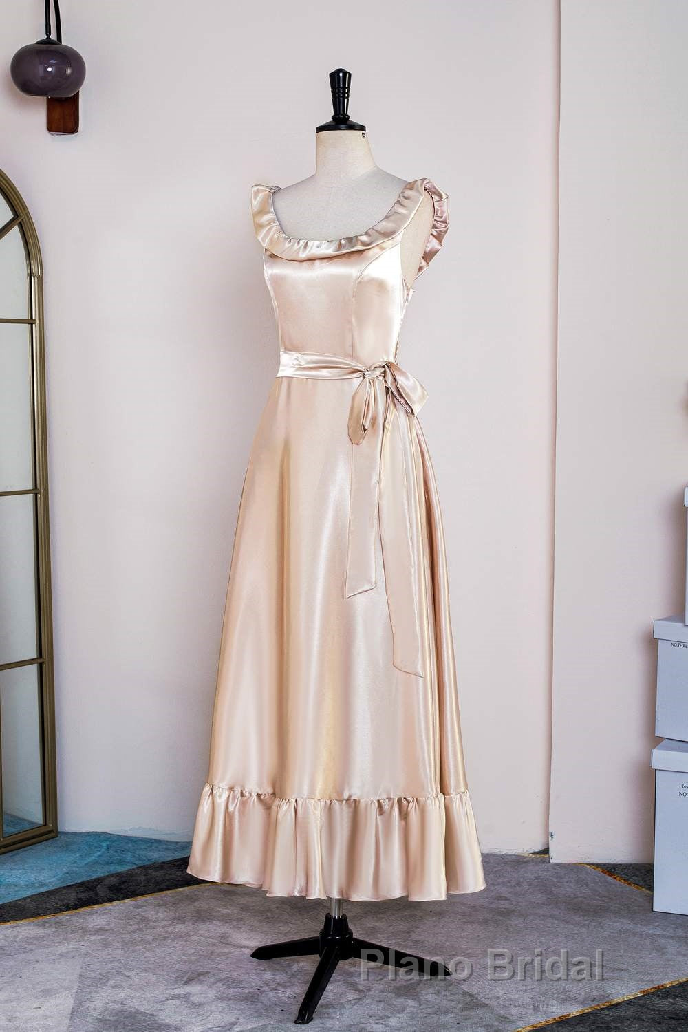 Champagne Sleeveless Ruffled A-line Tea-Length Bridesmaid Dresses with Sash