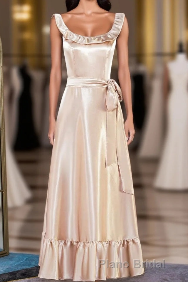Champagne Sleeveless Ruffled A-line Tea-Length Bridesmaid Dresses with Sash Main image