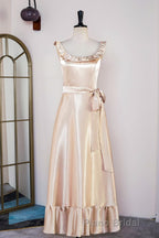 Champagne Sleeveless Ruffled A-line Tea-Length Bridesmaid Dresses with Sash