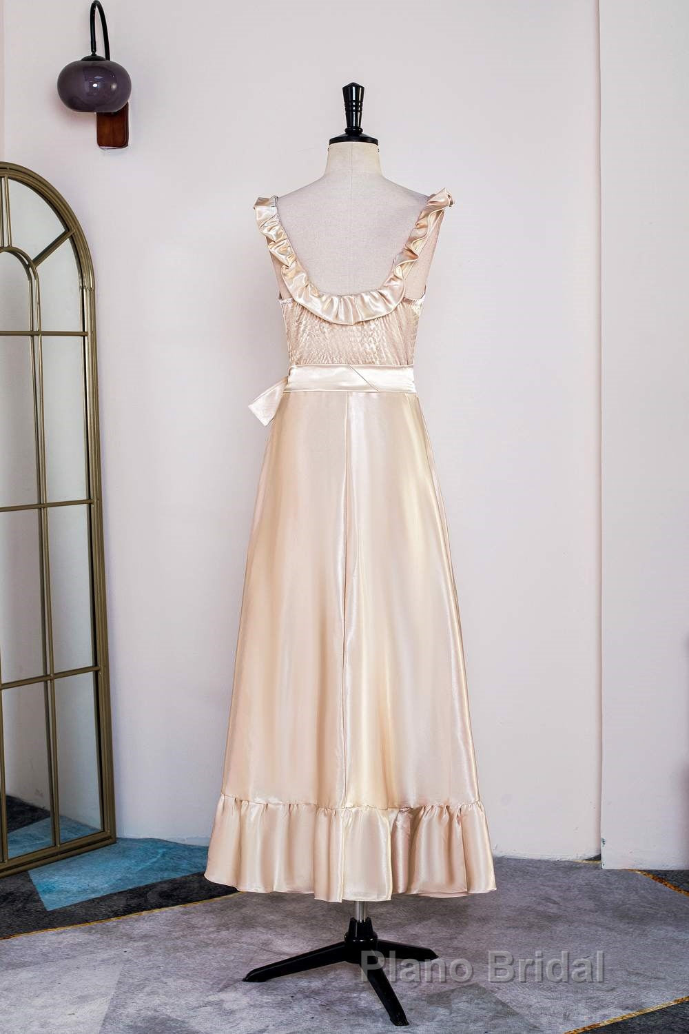 Champagne Sleeveless Ruffled A-line Tea-Length Bridesmaid Dresses with Sash