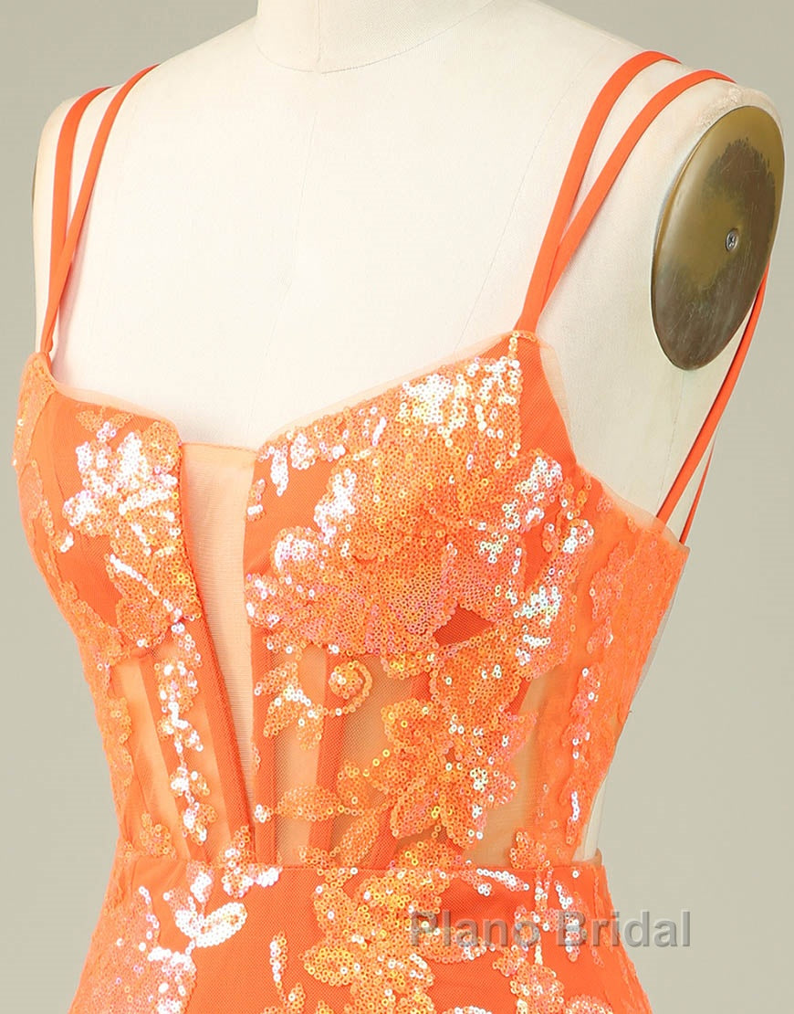 Orange Double Spaghetti Straps Glitter SequinTight Homecoming Dresses