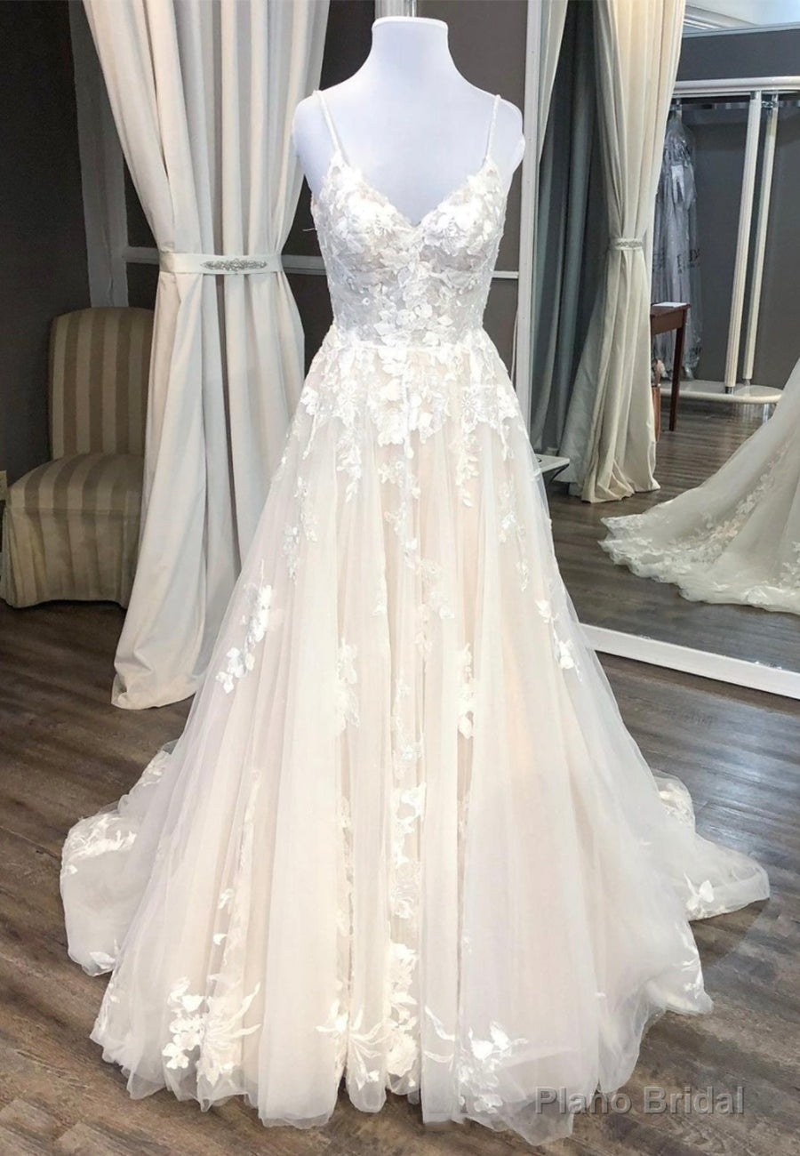 Champagne V-Neck Lace Long Prom Dresses, A-Line Evening Dresses Main image