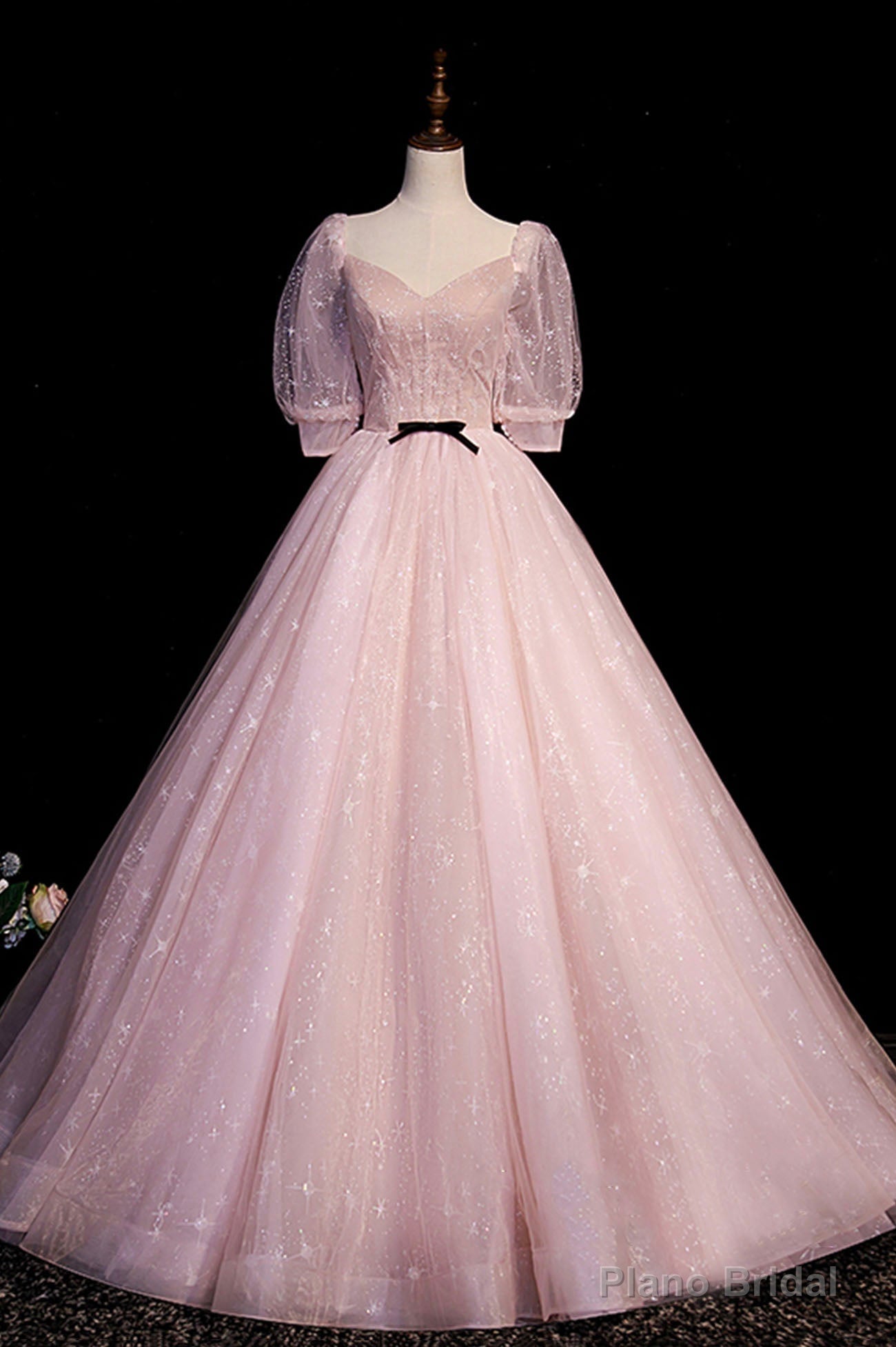 Pink V-Neck Tulle Long Prom Dress, A-Line Short Sleeves Evening Dress Main image