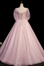 Pink V-Neck Tulle Long Prom Dress, A-Line Short Sleeves Evening Dress