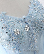 Light Blue Tulle Lace Long Formal Prom Dresses, Prom Dresses