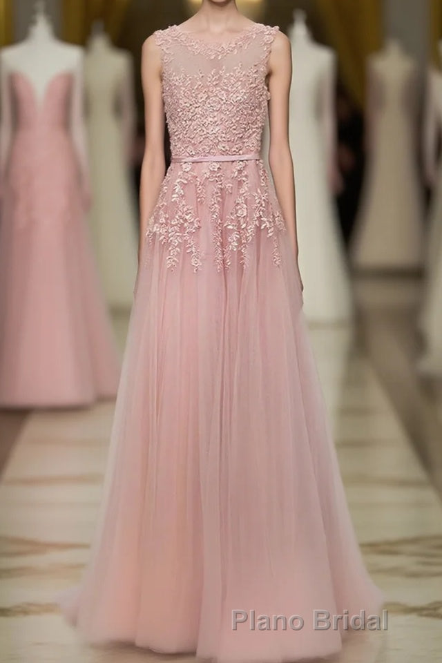 Pink Lace Tulle Long A Line Formal Prom Dresses, Pink Evening Dresses, 1 Main image