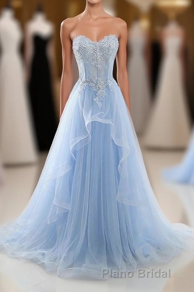 Light Blue Tulle Lace Long Formal Prom Dresses, Prom Dresses Main image